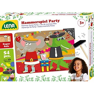 Lena 65835 Hammerspiel Party Nagelspiel mit 38 farbigen Teilen & 16 Sonderteile XXL Grundplatte aus Kork ca. 28 x 19,5 cm Hammer und Nägel Klopfspiel für Kinder ab 3 Jahre Hämmerchenspiel