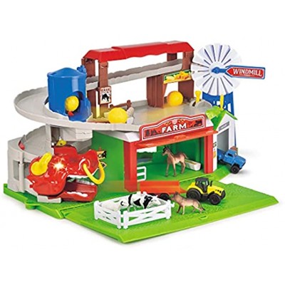 Dickie Toys – Bauernhof Spielset und Parkhaus – mit Licht und Sound inkl. Fahrzeugen Aufzug Bauernhof-Tieren und Heuballen für Kinder ab 3 Jahren