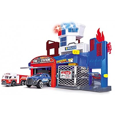Dickie Toys – Parkgarage Feuerwehr und Polizei – Parkhaus inkl. 2 Spielzeugautos mit Aufzug Blaulicht Sirene Löschfunktion für Kinder ab 3 Jahren