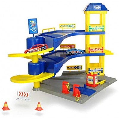 Dickie Toys Parkgarage mit 3 Etagen Parkhaus Aufzug Schranke 2 Tanksäulen Hebebühne inkl. 2 Spielzeugautos für Kinder ab 3 Jahren