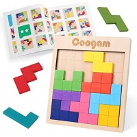 Coogam Holz Tangram Puzzle Muster blockiert Brain Teasers Spiel mit 60 Herausforderungen 3D russische Gebäude Spielzeug Holzform Puzzles Montessori STEM Lernspielzeug Geschenk für Kinder Erwachsene