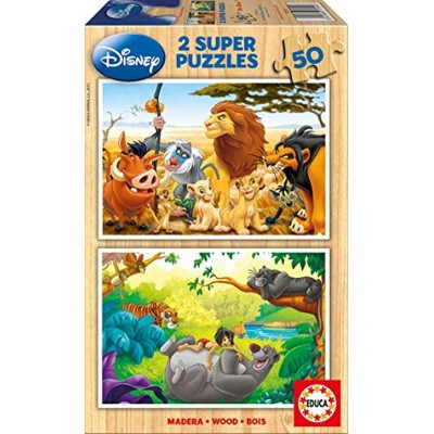 Educa Animal Friends 13144 Disney Tierfreunde 2x50 Teile Holzpuzzle Kinderpuzzle ab 4 Jahren König der Löwen Dschungelbuch One Size