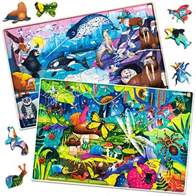 Puzzle ab 4 5 6 Jahre 2 x 100 Teile Kinder Holz Steckpuzzle für Lernen Weltkarte Weltraum Planeten Geschenk Kinderspielzeug für Mädchen and Junge 7 8