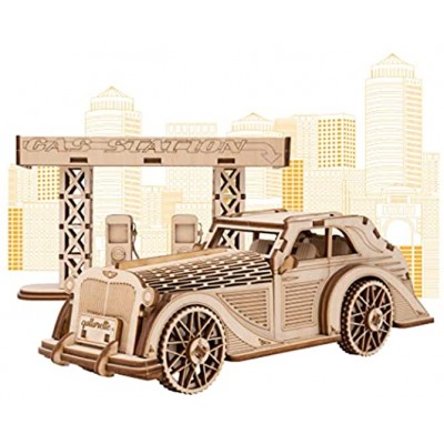 qollorette 3D Holzpuzzle Puzzle Modellbausatz Erwachsene für Teenager Bastelset Auto Spielzeug Baukasten Knobelspiele Retro Auto und Tankstelle Vintage Deko