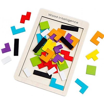 SeeKool Tetris Tangram Holzpuzzles Bunten Lernspielzeug Intelligenz Pädagigisches Gehirntraining Spielzeug geometrisch Formen mit Box Knobelspiel für Kinder Geschenk ab 3 Jahren40 Stück