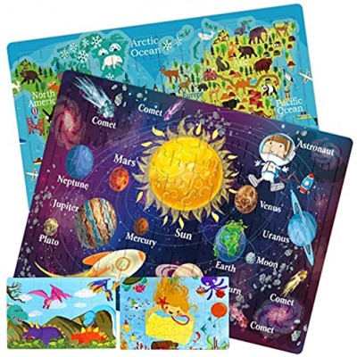 Sitodier Holzpuzzles für Kinder ab 3 4 5 6+Jahren,2er-Pack 96-teiliges Weltkarten und Sonnensystem-Puzzle 2er-Pack 60-teiliges Dinosaurier Meerjungfrau Lernpuzzles Geschenk für Kleinkinder