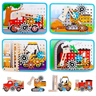 VATOS Zahnrad Holzpuzzle für Kinder 4 Automuster Motorikspielzeug Holzspielzeug Perfekt Montessori Pädagogisches Geschenk für Kinder für Kinder,ab 3 4 5 6+Jahre Jungen Mädchen