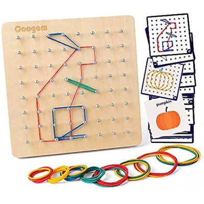 Coogam Hölz Geoboard mit Aktivitäts Muster Karten und Gummi Bändern 8 x 8 Stifte Geometriebrett Montessori Form Puzzle Brett Inspirieren die Phantasie und Kreativität des Kindes