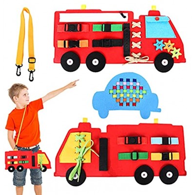 Herefun Beschäftigtes Board für Kleinkinder Activity Board im Feuerwehrauto Form Activity Board Montessori Spielzeug Basic Motor Skills Activity Board Kreatives Fühlte Spielzeug für Kinder Rot