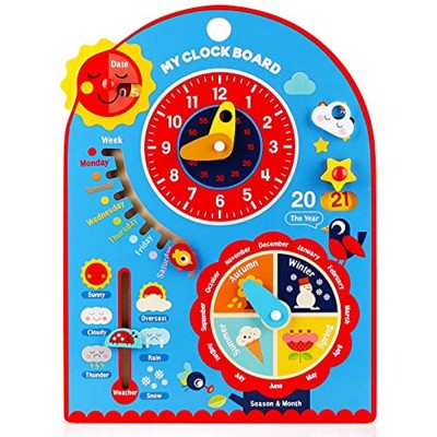Jacootoys 8 in 1 Kalender Lernuhr Holz Montessori Kalenderuhr Jahresuhr Spielzeug für Kinder Jungen Mädchen Mädchen Geschenke