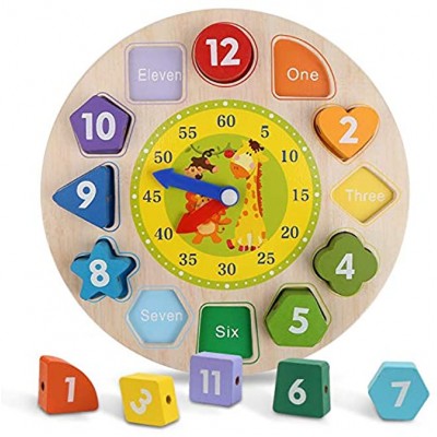 Mitening Lernuhr Uhr-Spielzeug Lernuhr Holz Lernspiel Kinderspielzeug Montessori Holzspielzeug mit Seil Zahl und Tier Muster Pädagogisches Lernen Spielzeug für Kinder ab 3 Jahren