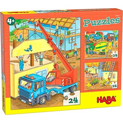 HABA 305469 Puzzles Auf der Baustelle Puzzlesammlung mit 3 Baustellen-Motiven für Kinder ab 4 Jahren Baustellenpuzzles mit je 24 Teilen zum Training der Konzentration und Feinmotorik
