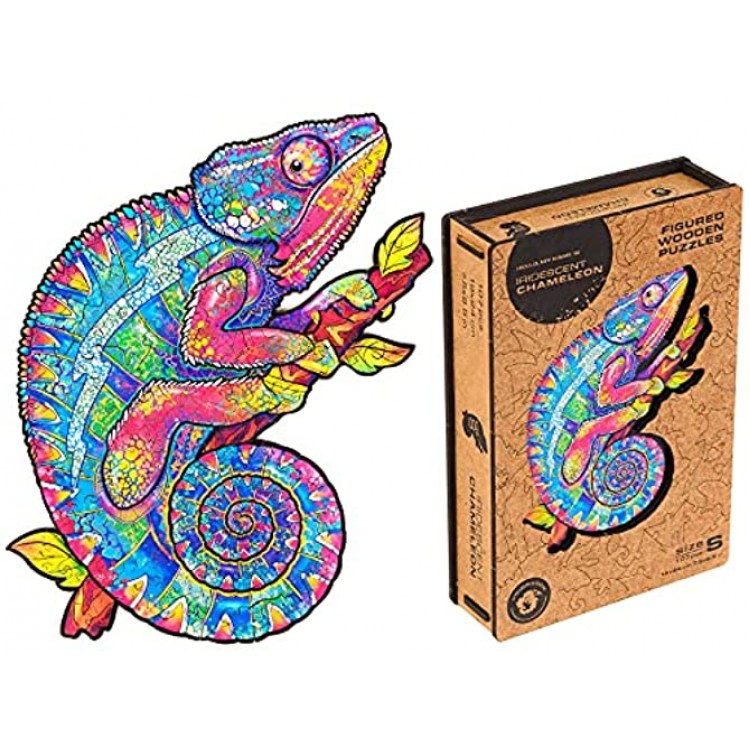 UNIDRAGON Wooden Jigsaw Puzzle Best Gift for Adults and Kids Unique Shape Jigsaw Pieces Iridescent Chameleon 7.5 x 9.5 inches 19 x 24 cm 107 Pieces Small