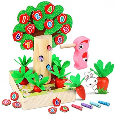 COOLJOY Magnetische Holzspielzeug Specht Raupen Fangen Spiel Montessori Karotte Passendes Spielzeug Zahlen Passendes Spielzeug Lernspielzeug für Jungen und Mädchen