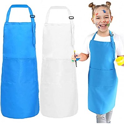 behone 2pcs Kinderschürze Painting Supplies mit Zwei Taschen Kind Malschürze Kunstkittel Kinderschürze Kochschürze Arbeitsschürze-Weiß blau（62 * 46cm）