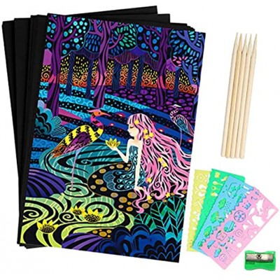 BESTZY Kratzbilder Set für Kinder 50 Blätter Regenbogen Kratzpapier zum Zeichnen und Basteln mit 4 Basteln mit Schablonen und 5 Holzstiften und Anspitzer 60 Stück