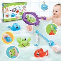 LEADSTAR Badespielzeug Baby ab 1 2 3 Jahr,5 Stück Badewanne Spielzeug Kinder,Baby Wasserspielzeug mit 3 Schwimmende Tiere und 1 Ruten & 1 Fischernetz