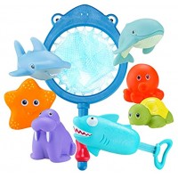 Locisne 8 Stück Ocean Animal Baby Badespielzeug Sprühposen Safe Bath Game Geschenkspielzeug für Kinder Netz Seestern Robbe Delphin Schildkröte Tintenfisch Hai Hai-Pistole