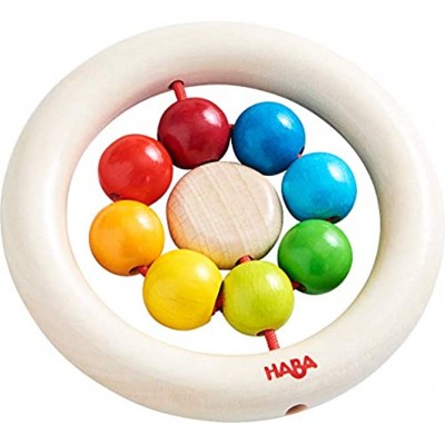 HABA 305581 Greifling Regenbogenkugeln Holzspielzeug für Kinder ab 6 Monaten schult die Feinmotorik erstes Greifen und die Wahrnehmung Greifring für Babys aus Holz mit Kugeln