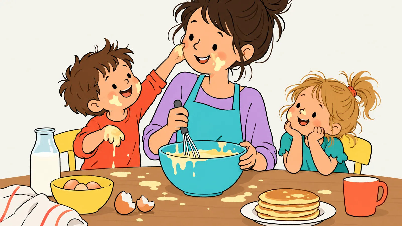 Eine Bezugsperson backt mit zwei Kindern Pfannkuchen, einem Kind klebt Teig an der Wange, auf dem Tisch stehen ein Stapel Pfannkuchen, Eier und eine Milchflasche.