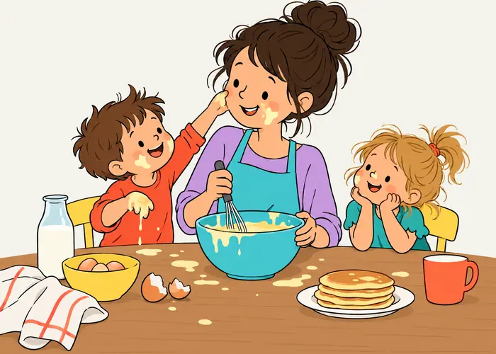 Eine Bezugsperson backt mit zwei Kindern Pfannkuchen, einem Kind klebt Teig an der Wange, auf dem Tisch stehen ein Stapel Pfannkuchen, Eier und eine Milchflasche.