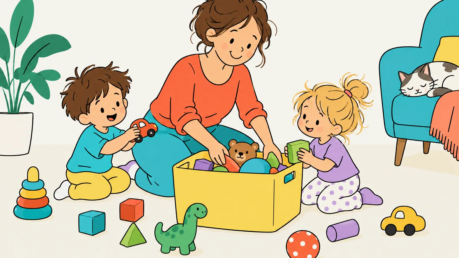 Eine Bezugsperson und zwei Kinder räumen auf dem Wohnzimmerboden Spielzeug in eine gelbe Kiste, daneben liegen Bauklötze, ein Spielzeugauto und ein Dinosaurier.