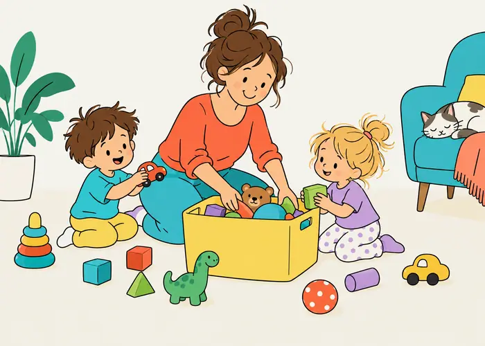 Eine Bezugsperson und zwei Kinder räumen auf dem Wohnzimmerboden Spielzeug in eine gelbe Kiste, daneben liegen Bauklötze, ein Spielzeugauto und ein Dinosaurier.