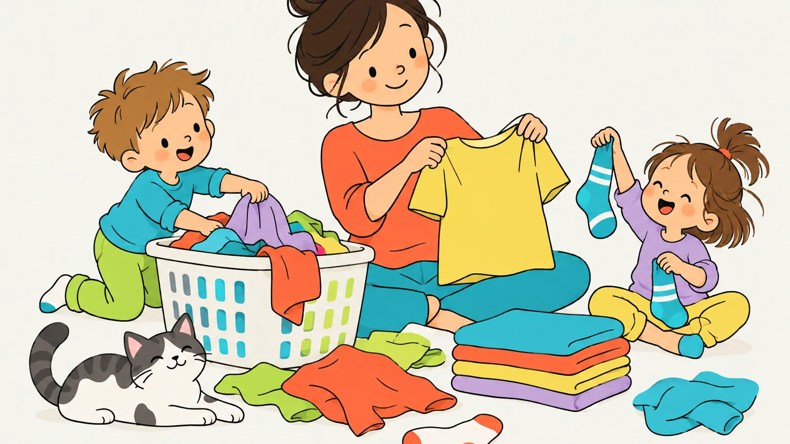 Eine Bezugsperson hält ein gelbes T-Shirt zum Falten hoch, ein Kind greift in einen Wäschekorb, ein zweites hält Socken, daneben liegen gefaltete Stapel.