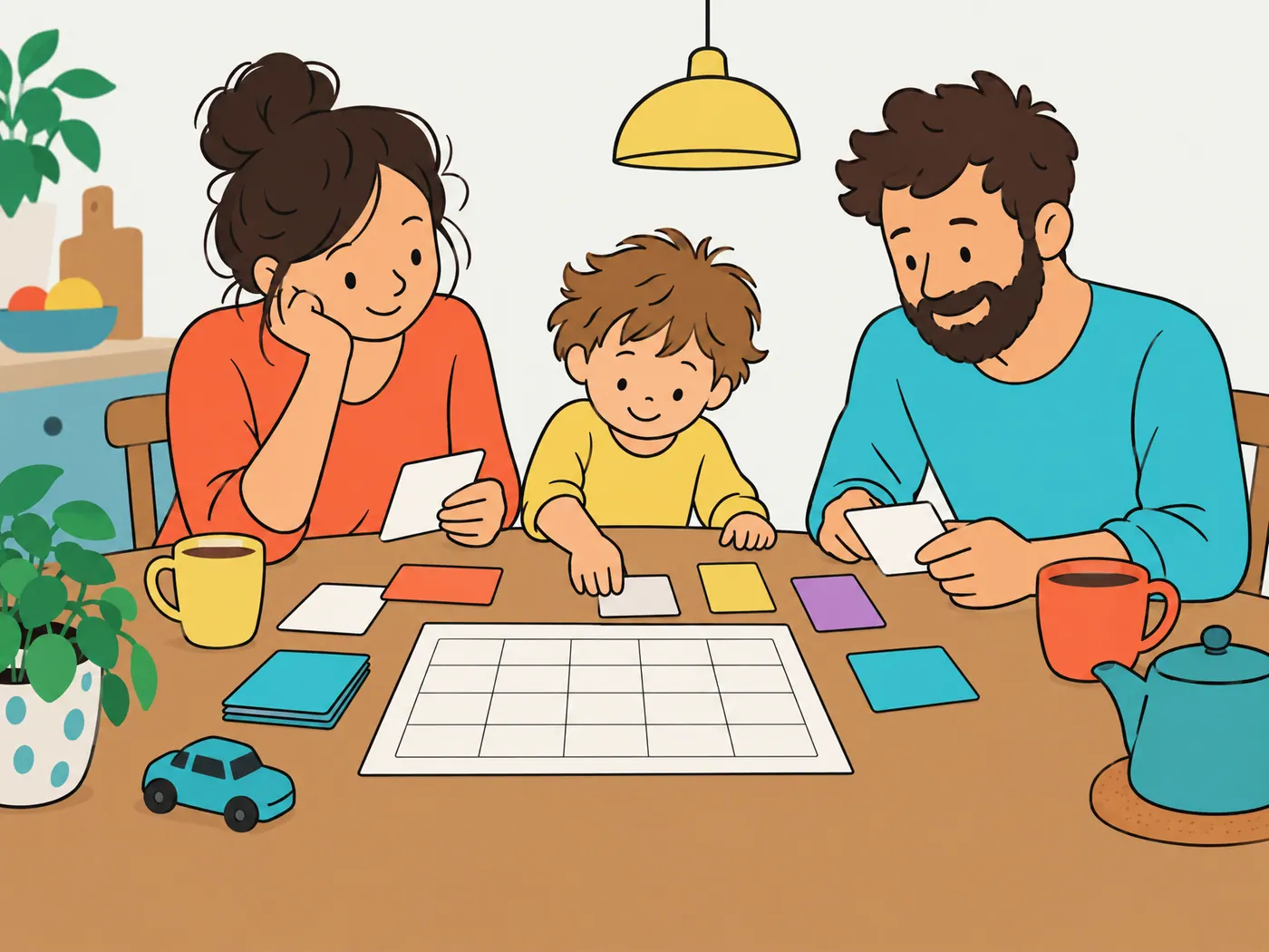 Zwei Erwachsene und ein Kind stehen am Küchentisch und legen leere Karten und einen Kalender ohne Beschriftung zurecht.
