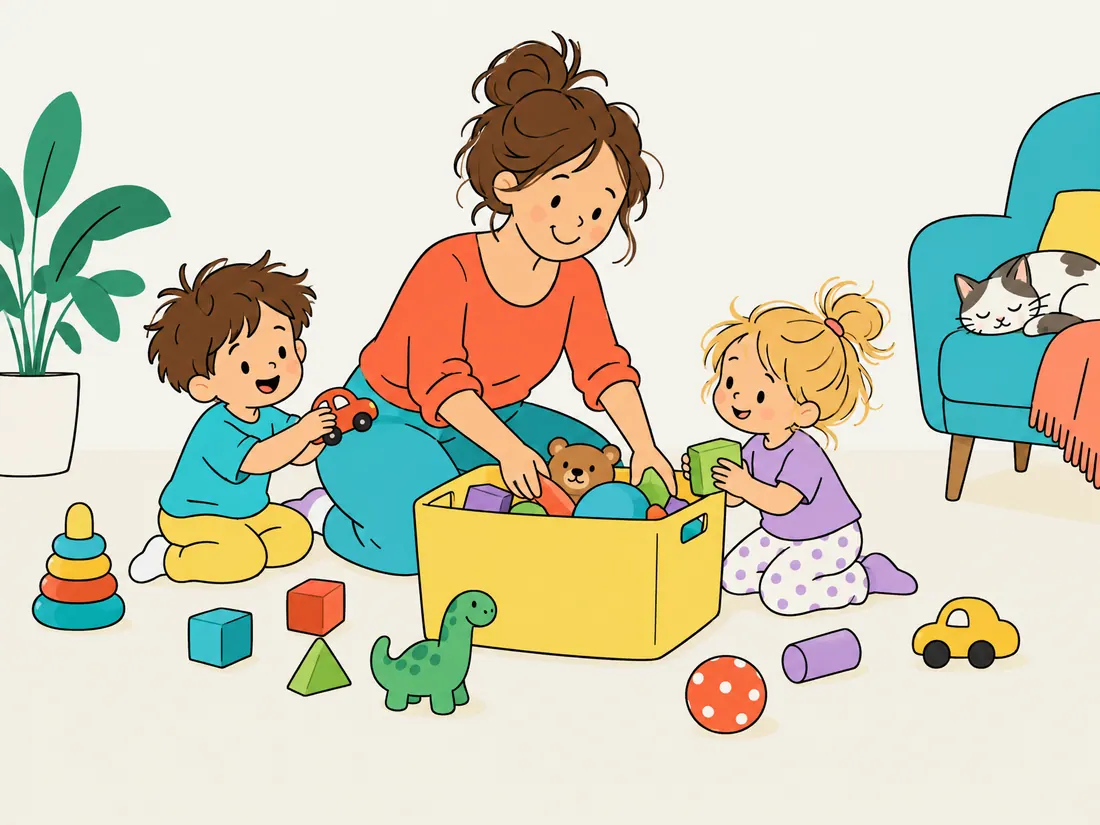 Eine Bezugsperson und zwei Kinder räumen auf dem Wohnzimmerboden Spielzeug in eine gelbe Kiste, daneben liegen Bauklötze, ein Spielzeugauto und ein Dinosaurier.
