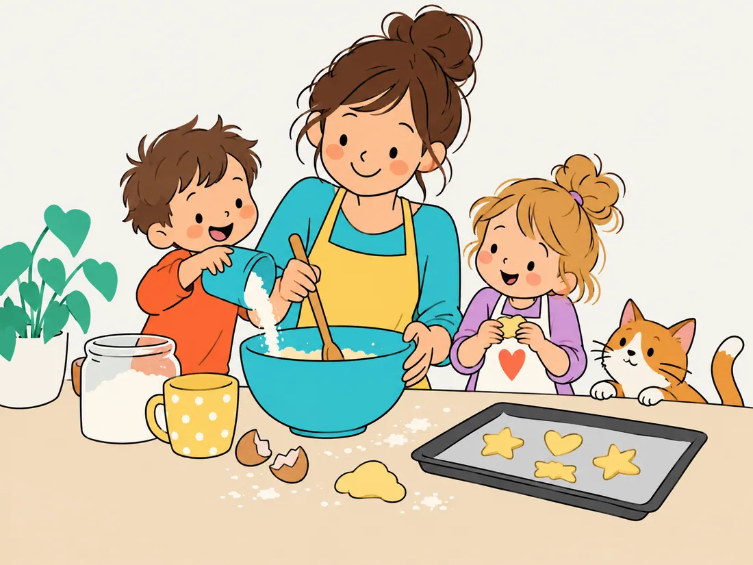 Eine Bezugsperson und zwei Kinder backen am Küchentisch Kekse, ein Kind schüttet Mehl hinein, das andere hält eine ausgestochene Form, eine Katze schaut zu.